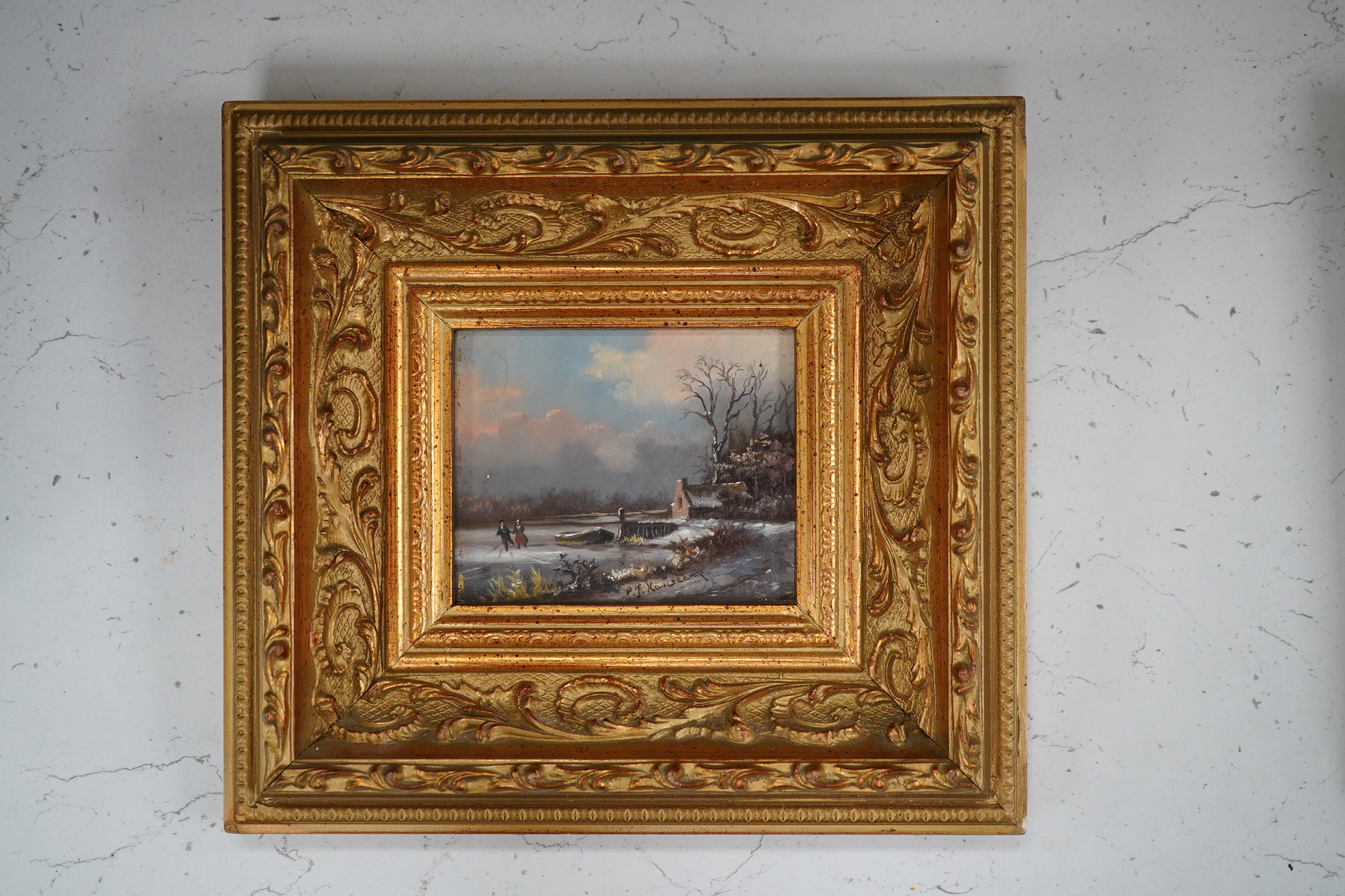 Contemporary Dutch school, pair of oils on board, winter scenes with figures skating, indistinctly signed P. kavcrcamp?, ornate gilt framed, 8 x 10cm. Condition - good